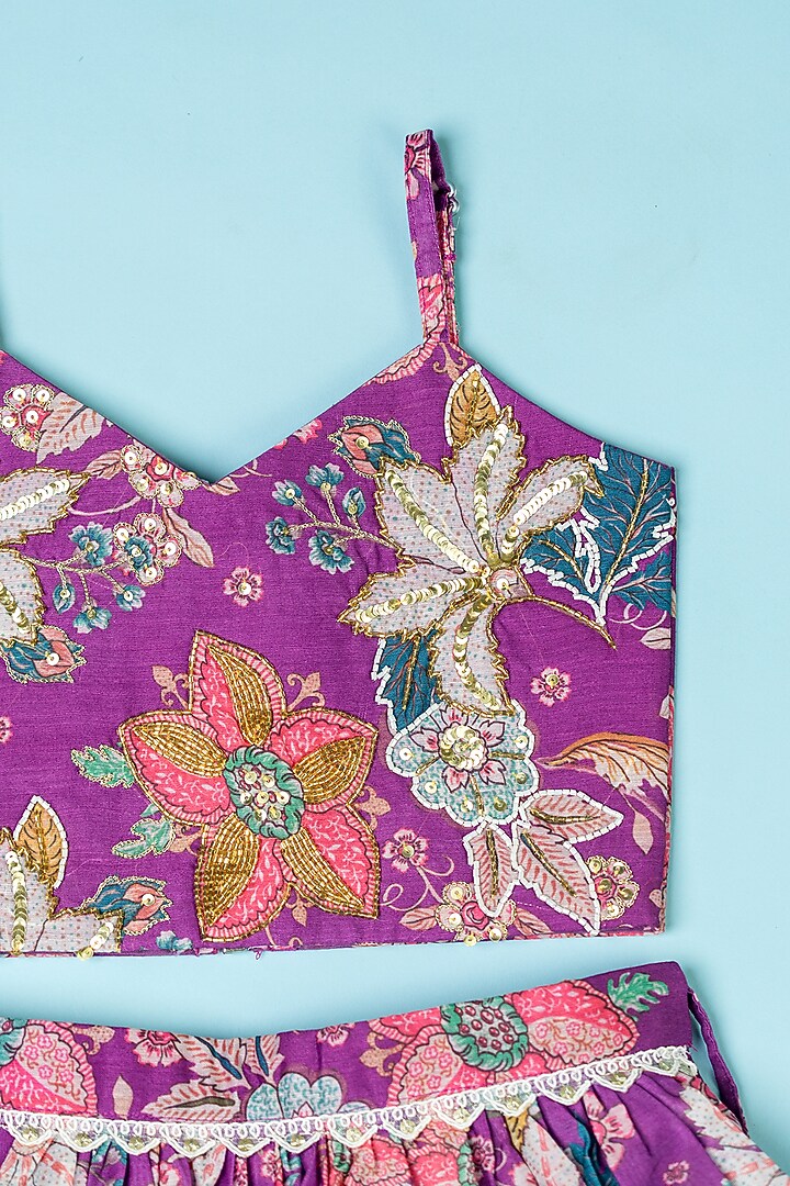 Purple Chanderi Floral Printed Lehenga Set by Yuvrani Jaipur Kidswear at Pernia's Pop Up Shop