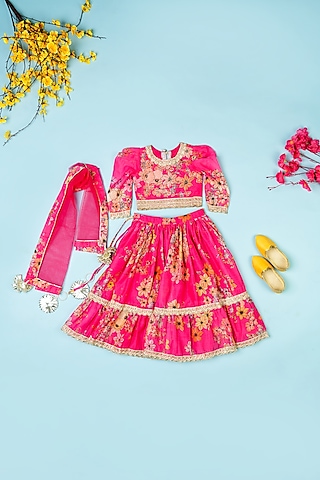 Hot Pink Chanderi Flared Lehenga Set For Girls by Yuvrani Jaipur Kidswear