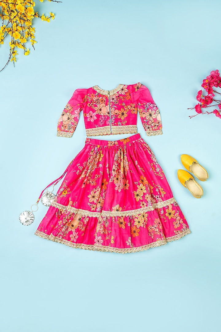 Hot Pink Chanderi Flared Lehenga Set For Girls by Yuvrani Jaipur Kidswear at Pernia's Pop Up Shop
