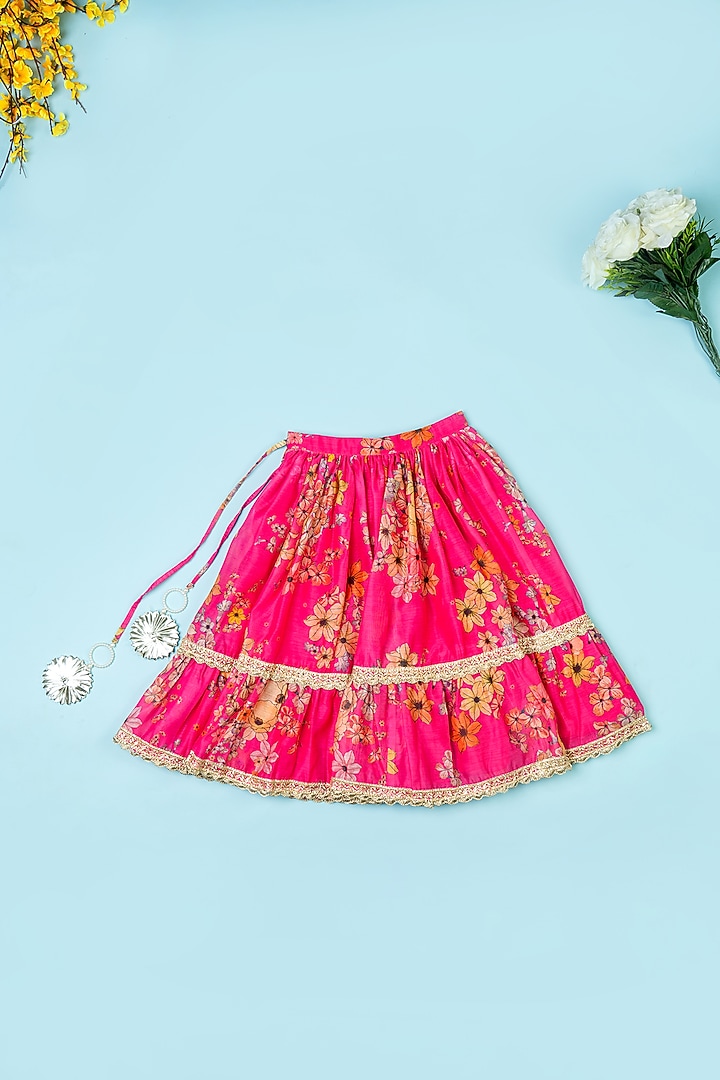 Hot Pink Chanderi Flared Lehenga Set For Girls by Yuvrani Jaipur Kidswear at Pernia's Pop Up Shop