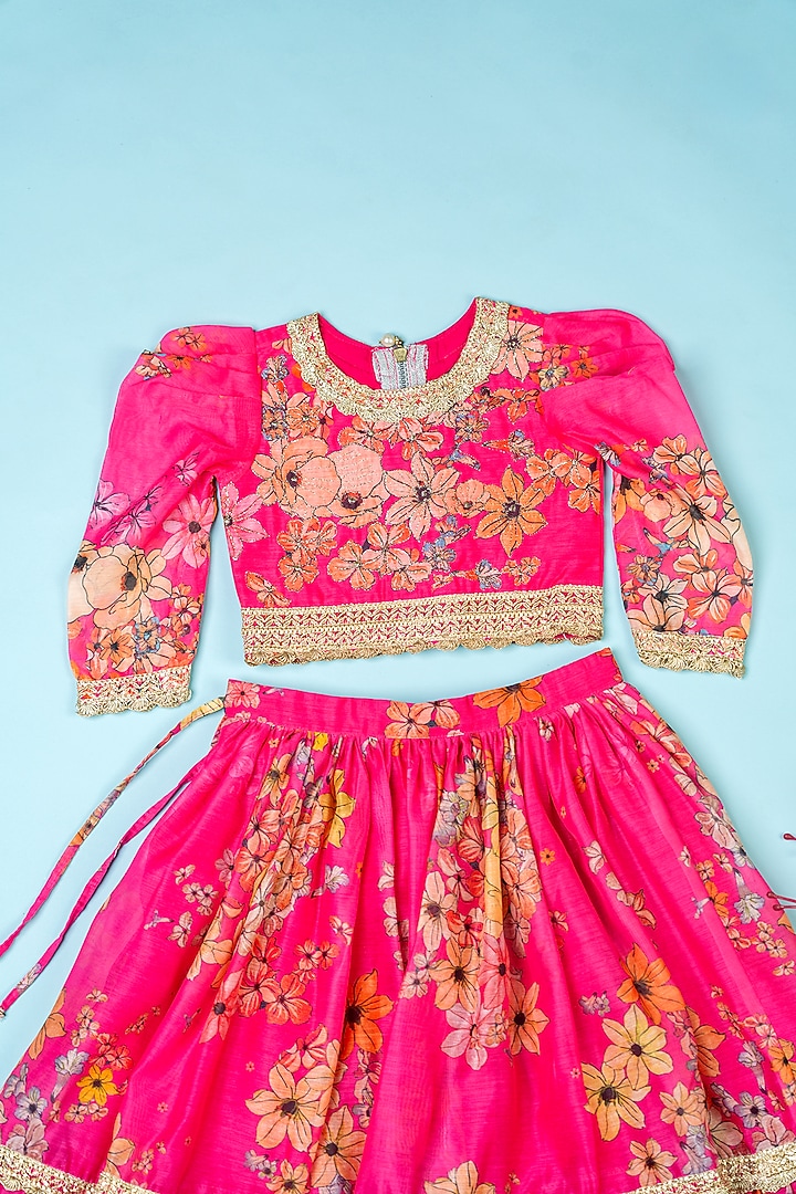 Hot Pink Chanderi Flared Lehenga Set For Girls by Yuvrani Jaipur Kidswear at Pernia's Pop Up Shop