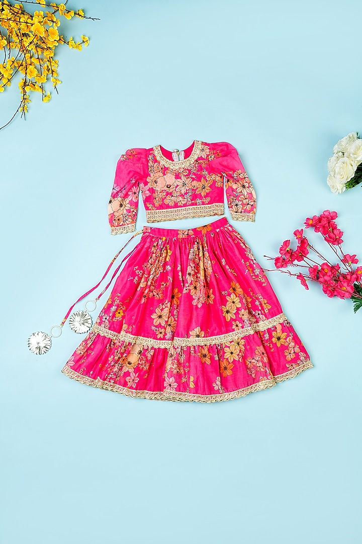 Hot Pink Chanderi Flared Lehenga Set For Girls by Yuvrani Jaipur Kidswear at Pernia's Pop Up Shop