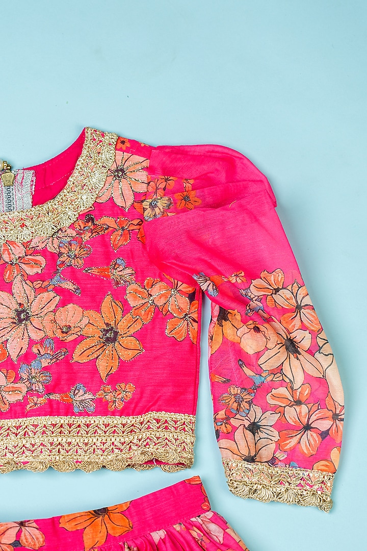 Hot Pink Chanderi Flared Lehenga Set For Girls by Yuvrani Jaipur Kidswear at Pernia's Pop Up Shop