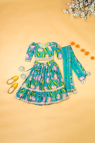 Green Chanderi Floral Printed Lehenga Set by Yuvrani Jaipur Kidswear