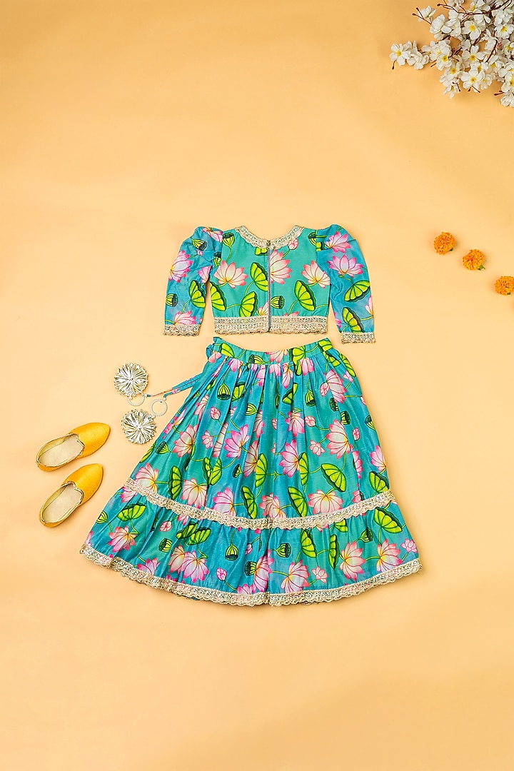 Green Chanderi Floral Printed Lehenga Set by Yuvrani Jaipur Kidswear at Pernia's Pop Up Shop