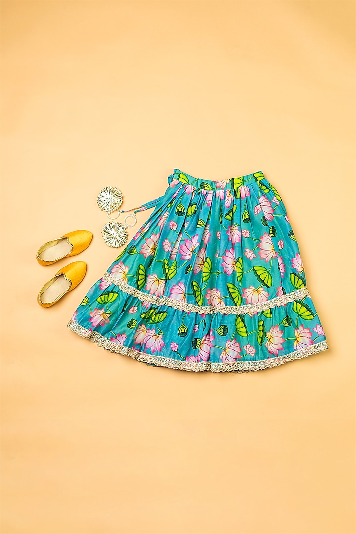 Green Chanderi Floral Printed Lehenga Set by Yuvrani Jaipur Kidswear at Pernia's Pop Up Shop