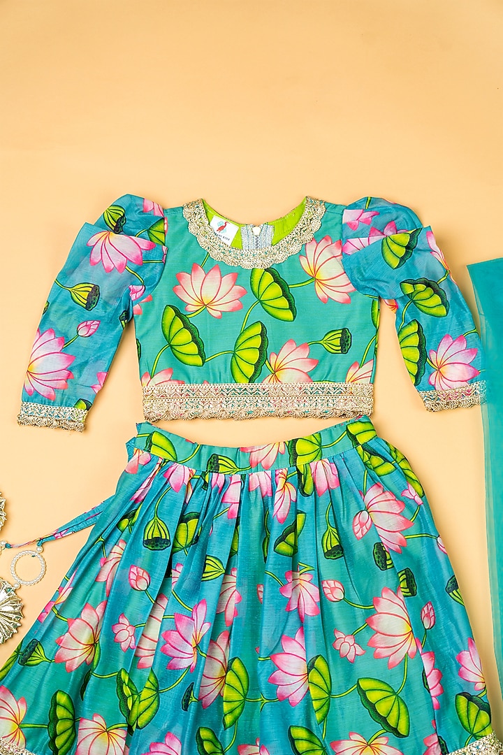 Green Chanderi Floral Printed Lehenga Set by Yuvrani Jaipur Kidswear at Pernia's Pop Up Shop