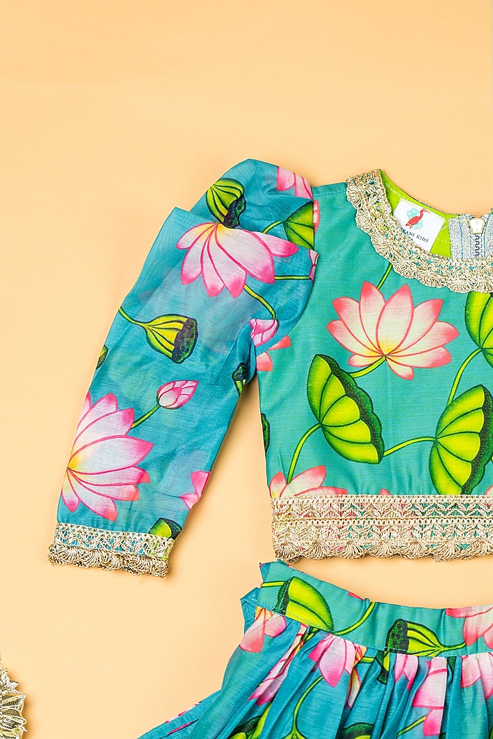 Green Chanderi Floral Printed Lehenga Set by Yuvrani Jaipur Kidswear at Pernia's Pop Up Shop