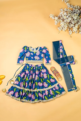 Teal Blue Chanderi Floral Printed Lehenga Set by Yuvrani Jaipur Kidswear