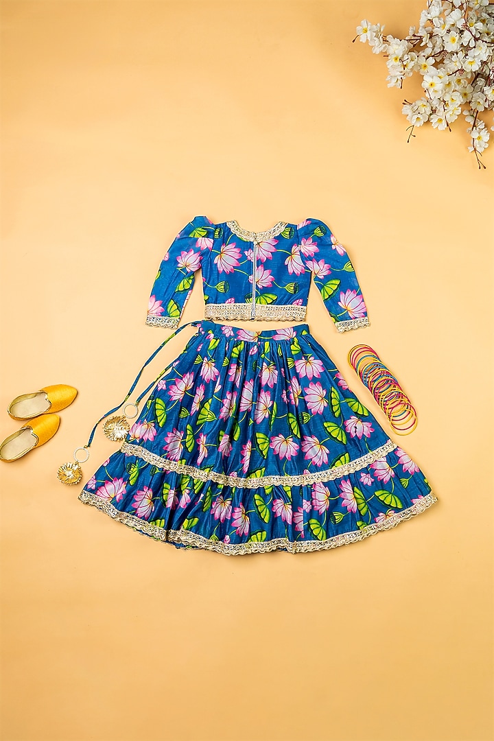 Teal Blue Chanderi Floral Printed Lehenga Set by Yuvrani Jaipur Kidswear at Pernia's Pop Up Shop