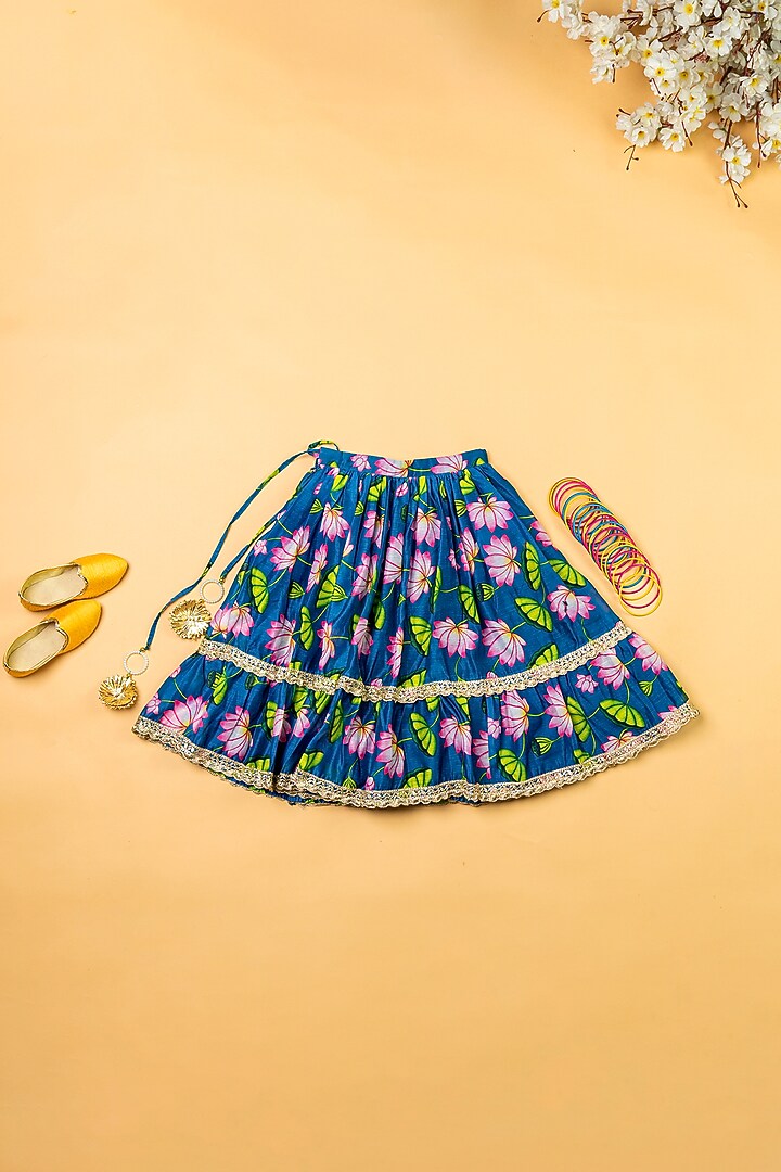 Teal Blue Chanderi Floral Printed Lehenga Set by Yuvrani Jaipur Kidswear at Pernia's Pop Up Shop