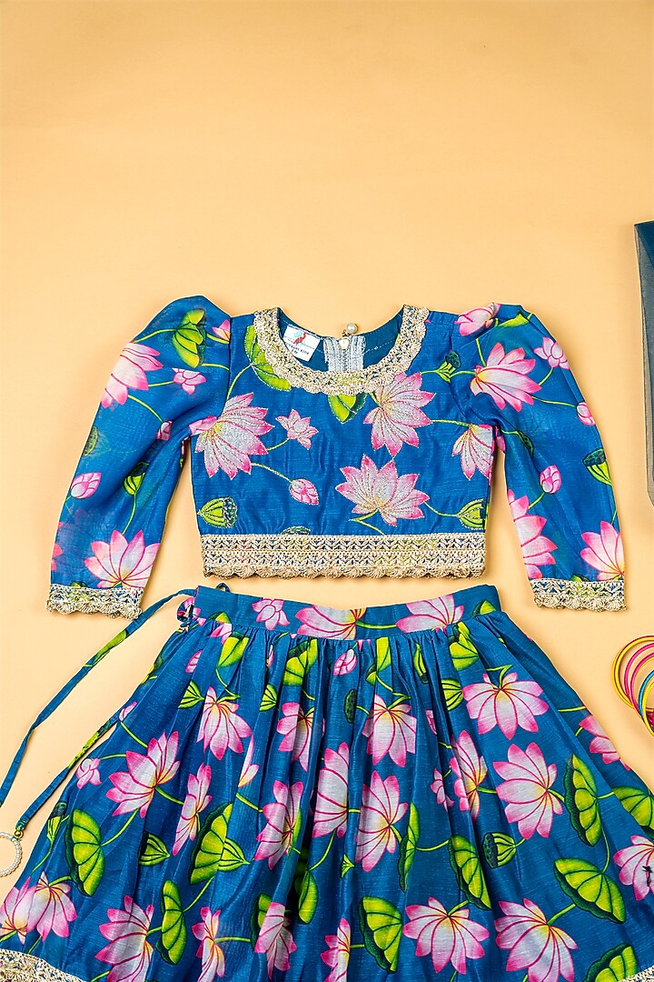 Teal Blue Chanderi Floral Printed Lehenga Set by Yuvrani Jaipur Kidswear at Pernia's Pop Up Shop