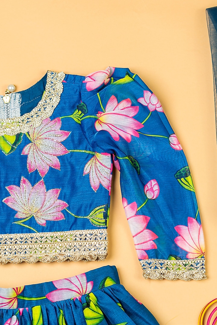 Teal Blue Chanderi Floral Printed Lehenga Set by Yuvrani Jaipur Kidswear at Pernia's Pop Up Shop