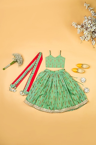 Pista Green Chanderi Floral Printed Lehenga Set For Girls by Yuvrani Jaipur Kidswear
