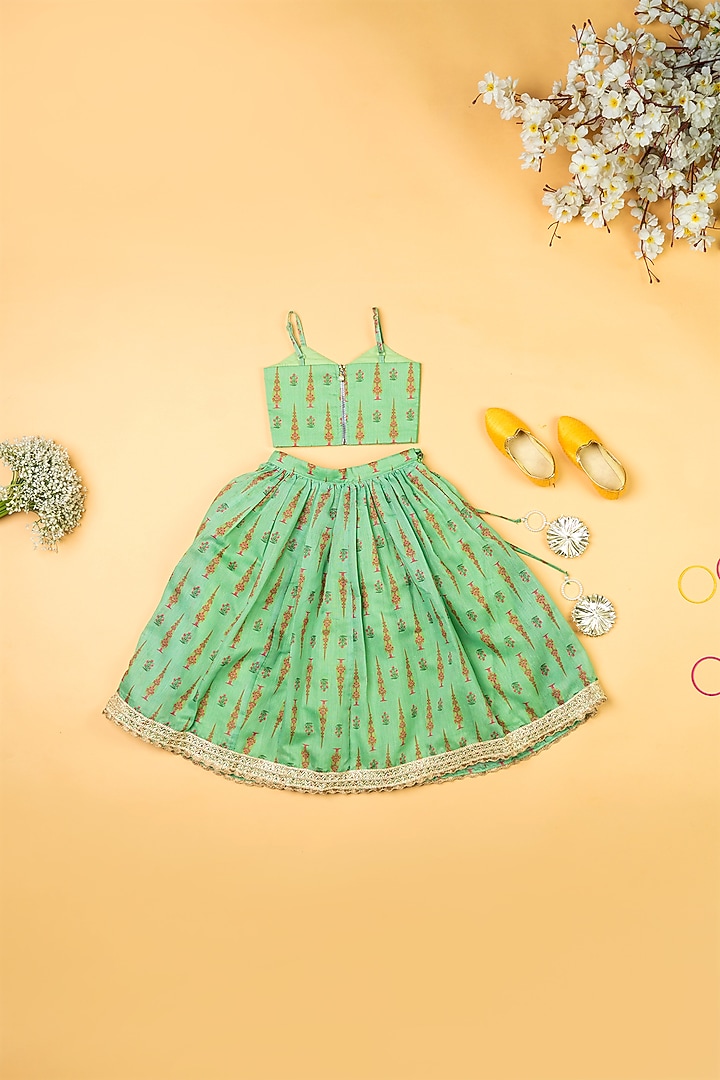 Pista Green Chanderi Floral Printed Lehenga Set For Girls by Yuvrani Jaipur Kidswear at Pernia's Pop Up Shop
