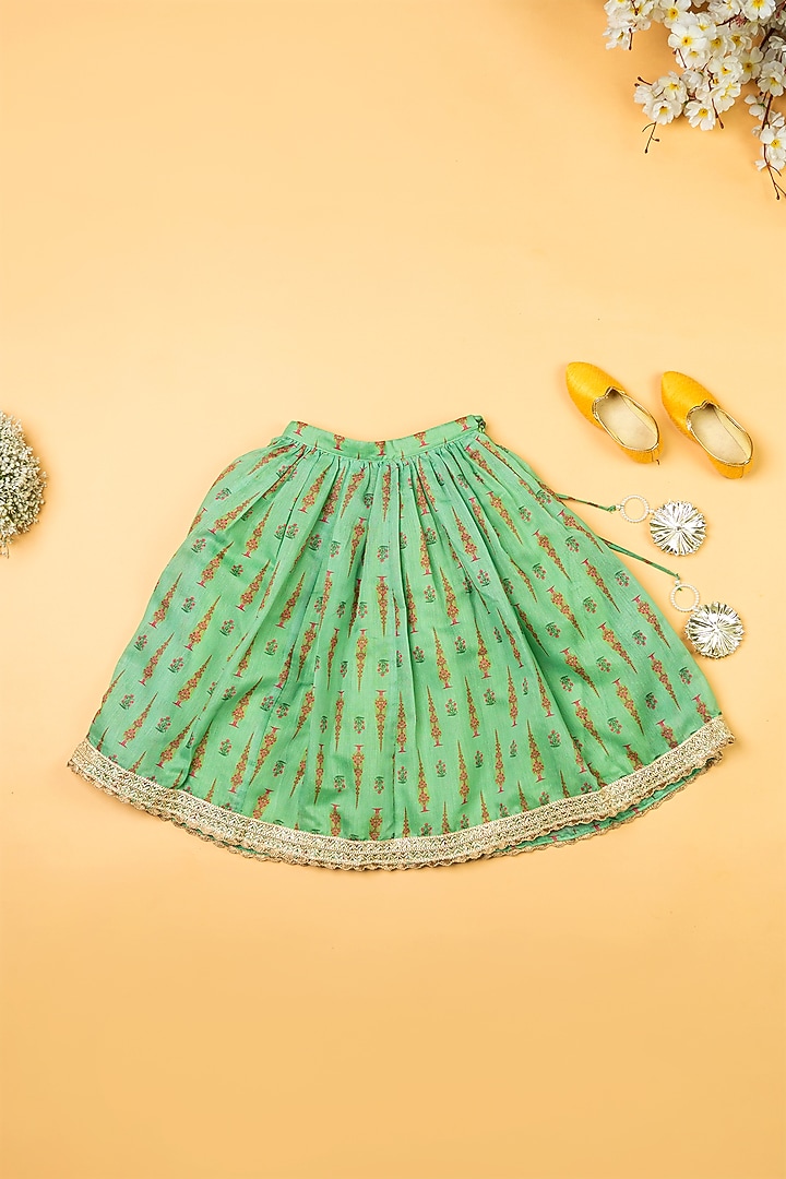 Pista Green Chanderi Floral Printed Lehenga Set For Girls by Yuvrani Jaipur Kidswear at Pernia's Pop Up Shop