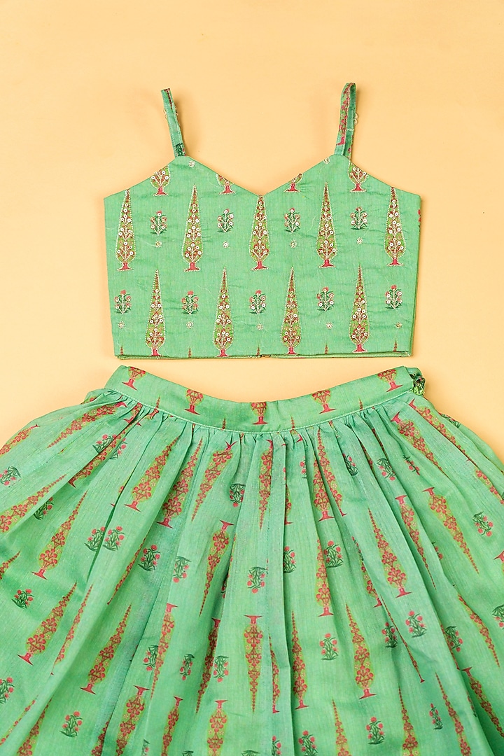 Pista Green Chanderi Floral Printed Lehenga Set For Girls by Yuvrani Jaipur Kidswear at Pernia's Pop Up Shop