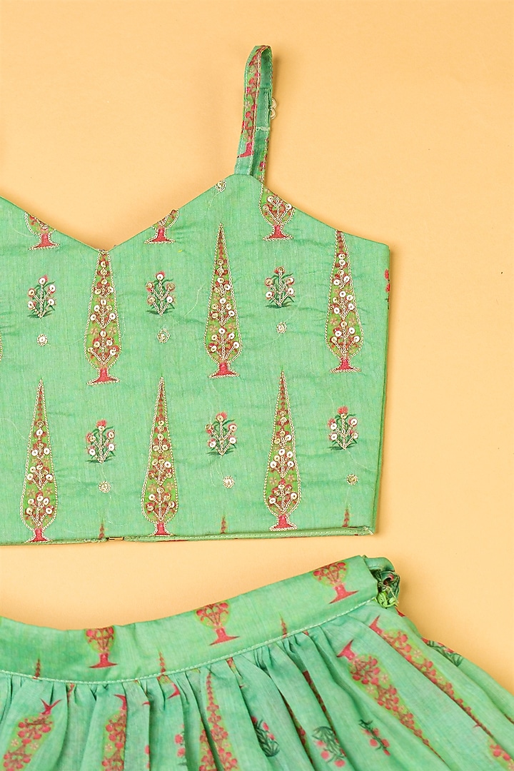 Pista Green Chanderi Floral Printed Lehenga Set For Girls by Yuvrani Jaipur Kidswear at Pernia's Pop Up Shop