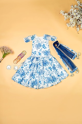 Ivory & Blue Chanderi Floral Printed Lehenga Set For Girls by Yuvrani Jaipur Kidswear