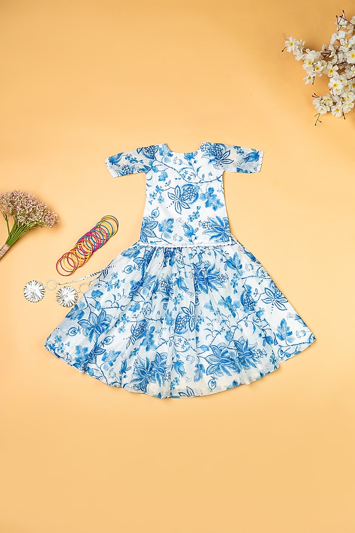 Ivory & Blue Chanderi Floral Printed Lehenga Set For Girls by Yuvrani Jaipur Kidswear at Pernia's Pop Up Shop
