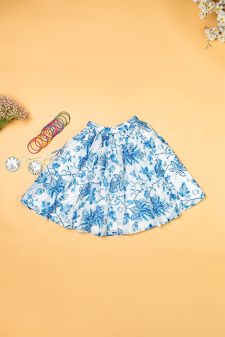 Ivory & Blue Chanderi Floral Printed Lehenga Set For Girls by Yuvrani Jaipur Kidswear at Pernia's Pop Up Shop