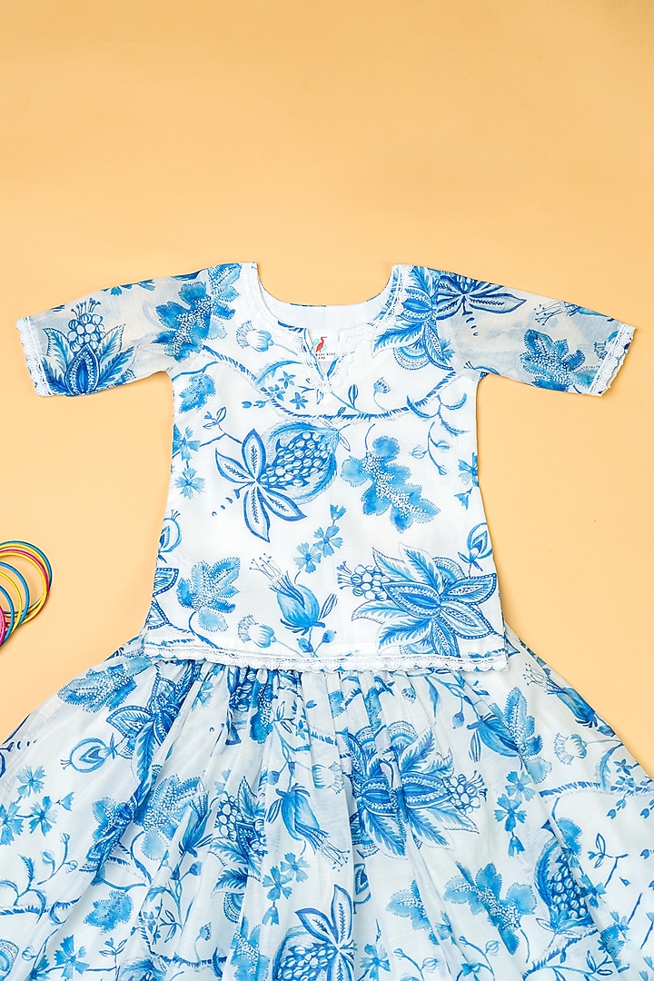 Ivory & Blue Chanderi Floral Printed Lehenga Set For Girls by Yuvrani Jaipur Kidswear at Pernia's Pop Up Shop
