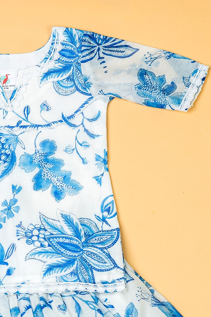 Ivory & Blue Chanderi Floral Printed Lehenga Set For Girls by Yuvrani Jaipur Kidswear at Pernia's Pop Up Shop