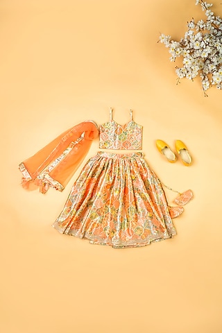 Multi-Colored Silk Floral Printed Lehenga Set For Girls by Yuvrani Jaipur Kidswear
