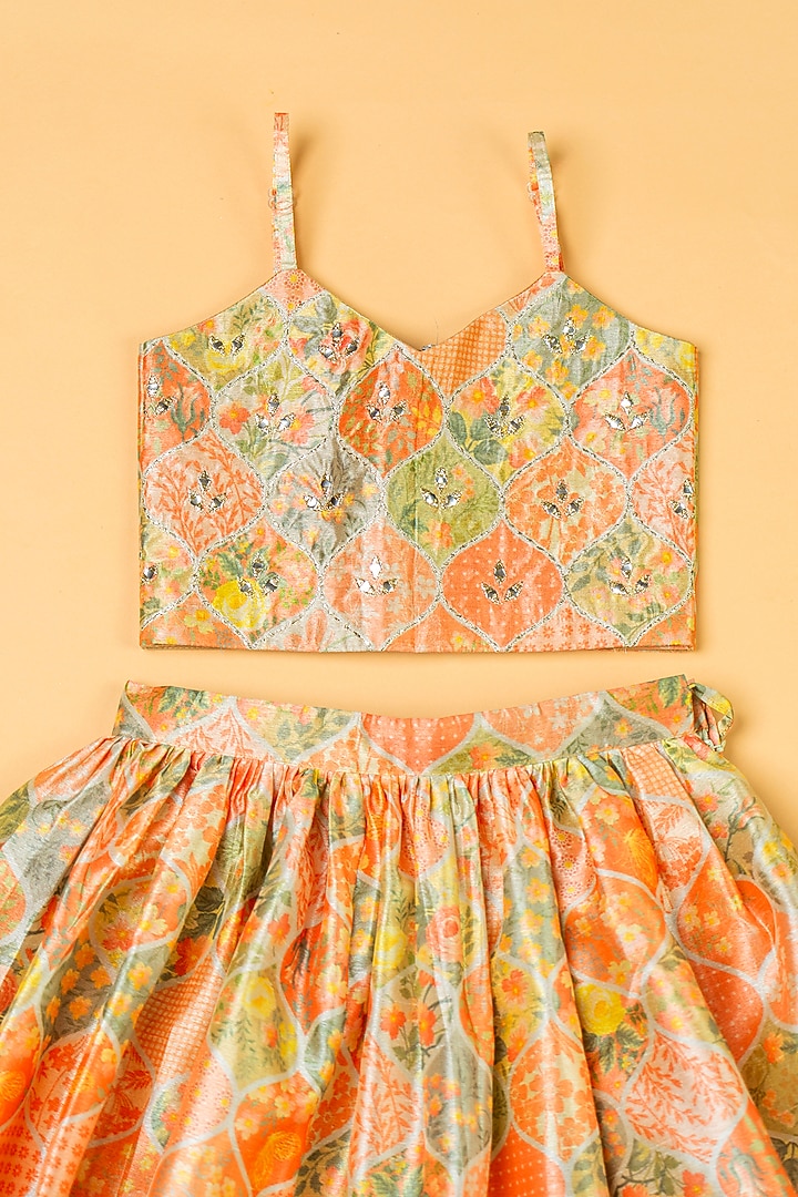 Multi-Colored Silk Floral Printed Lehenga Set For Girls by Yuvrani Jaipur Kidswear at Pernia's Pop Up Shop