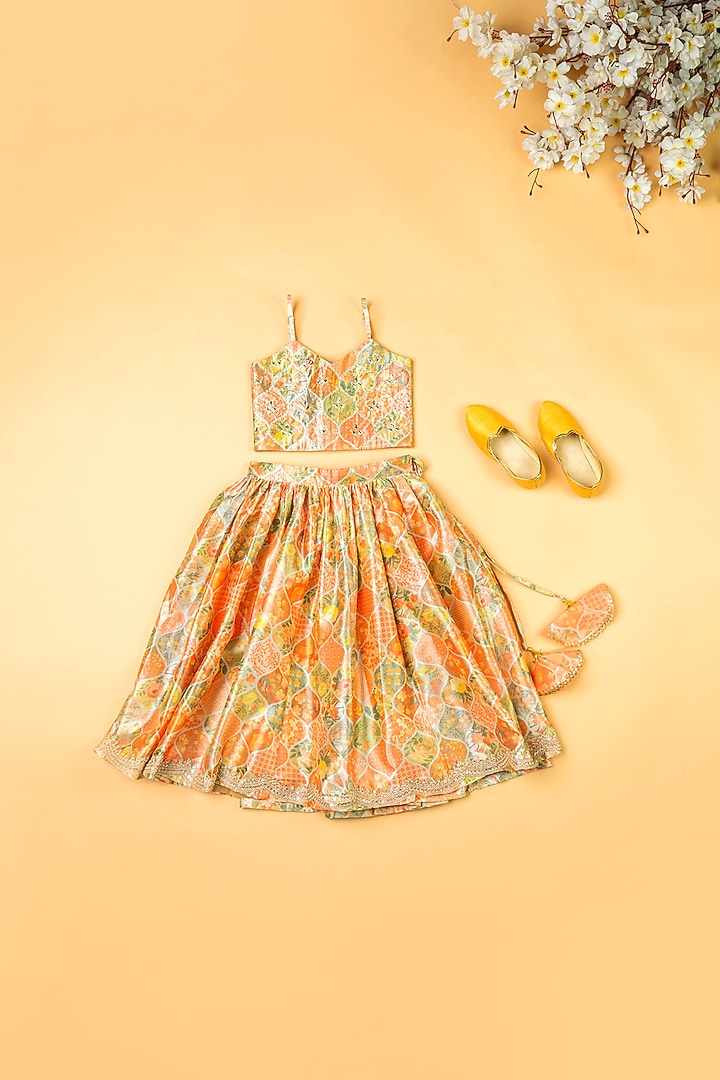Multi-Colored Silk Floral Printed Lehenga Set For Girls by Yuvrani Jaipur Kidswear at Pernia's Pop Up Shop