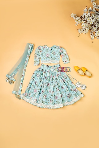 Sky Blue Chanderi Floral Printed Lehenga Set For Girls by Yuvrani Jaipur Kidswear