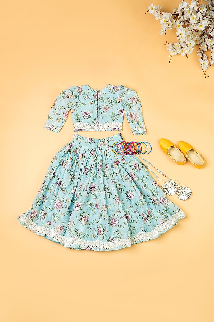 Sky Blue Chanderi Floral Printed Lehenga Set For Girls by Yuvrani Jaipur Kidswear at Pernia's Pop Up Shop