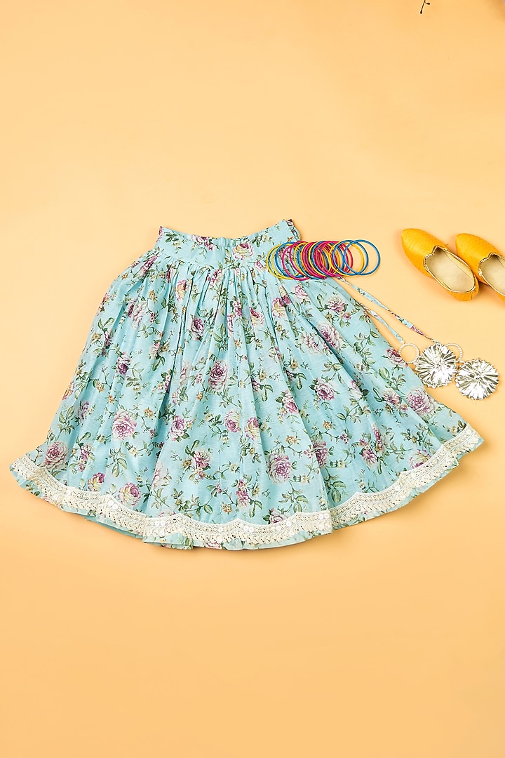 Sky Blue Chanderi Floral Printed Lehenga Set For Girls by Yuvrani Jaipur Kidswear at Pernia's Pop Up Shop