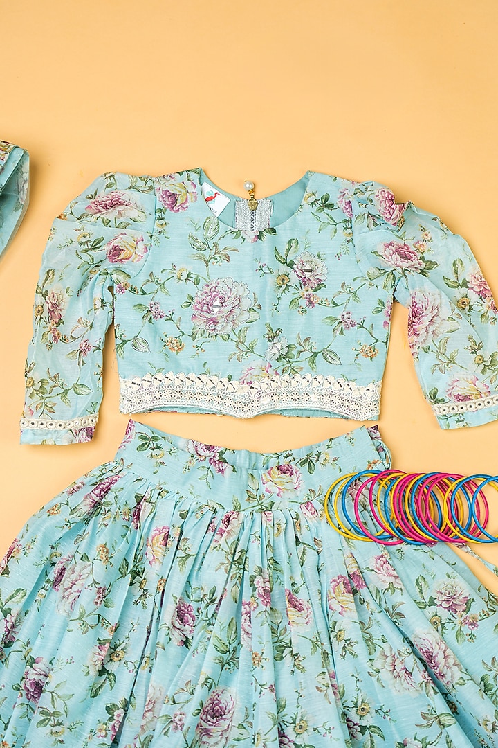 Sky Blue Chanderi Floral Printed Lehenga Set For Girls by Yuvrani Jaipur Kidswear at Pernia's Pop Up Shop