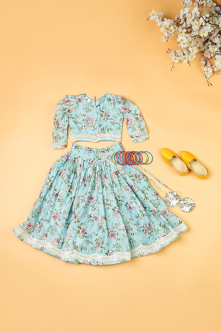 Sky Blue Chanderi Floral Printed Lehenga Set For Girls by Yuvrani Jaipur Kidswear at Pernia's Pop Up Shop