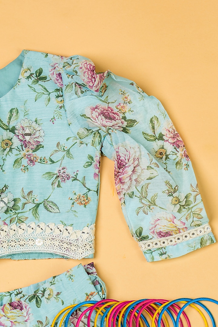 Sky Blue Chanderi Floral Printed Lehenga Set For Girls by Yuvrani Jaipur Kidswear at Pernia's Pop Up Shop