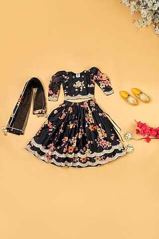 Black Chanderi Floral Printed Lehenga Set For Girls by Yuvrani Jaipur Kidswear