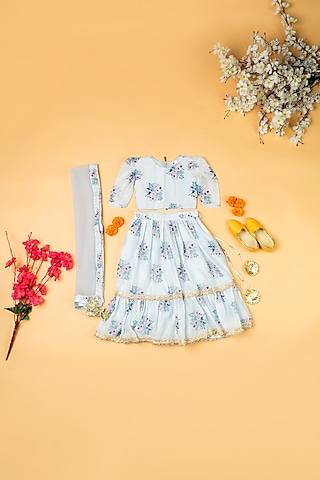 Sky Blue Chanderi Floral Printed Lehenga Set For Girls by Yuvrani Jaipur Kidswear