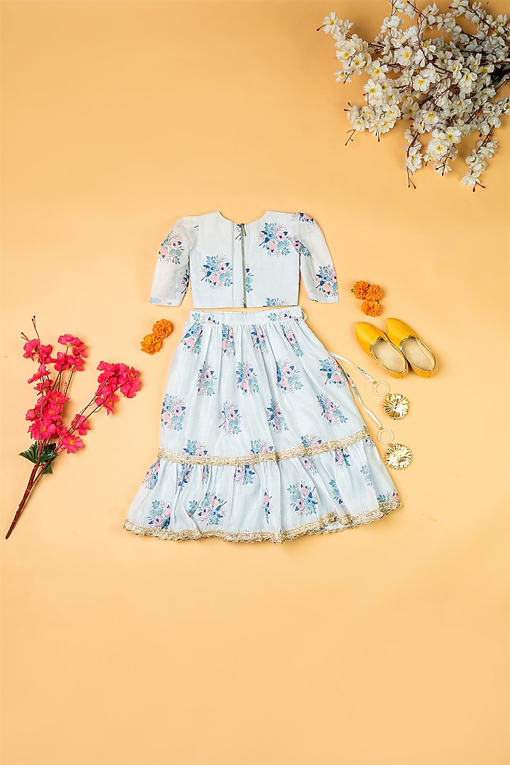 Sky Blue Chanderi Floral Printed Lehenga Set For Girls by Yuvrani Jaipur Kidswear at Pernia's Pop Up Shop