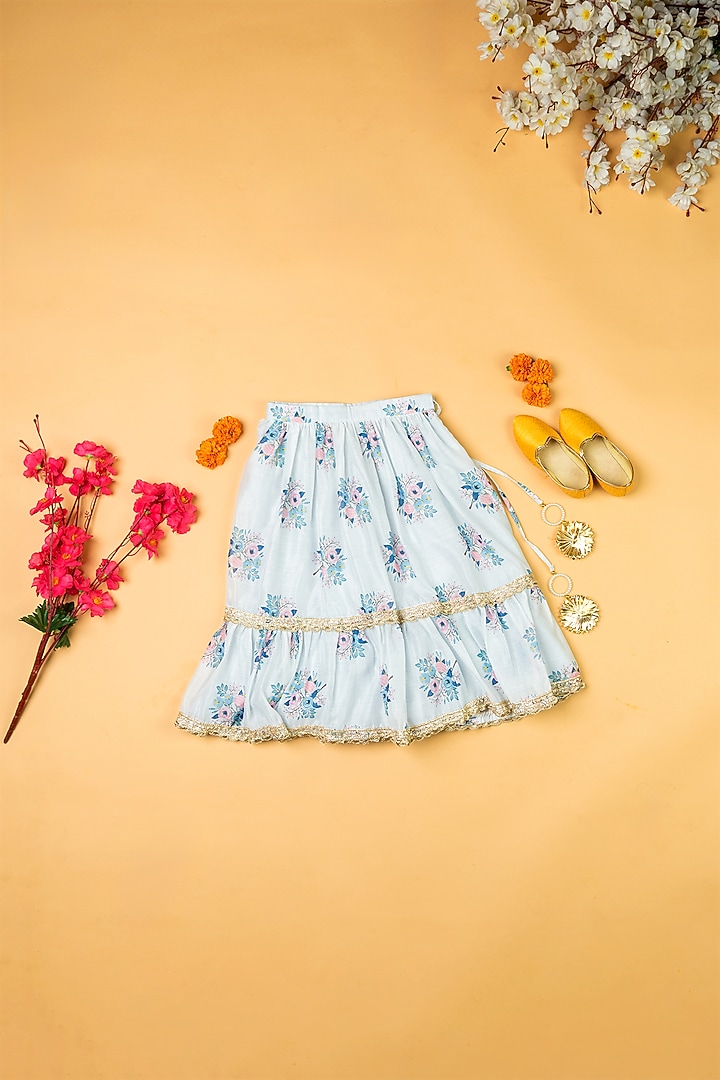 Sky Blue Chanderi Floral Printed Lehenga Set For Girls by Yuvrani Jaipur Kidswear at Pernia's Pop Up Shop