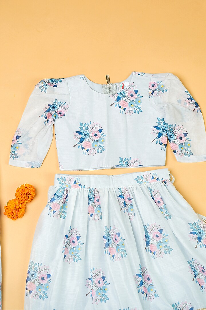 Sky Blue Chanderi Floral Printed Lehenga Set For Girls by Yuvrani Jaipur Kidswear at Pernia's Pop Up Shop