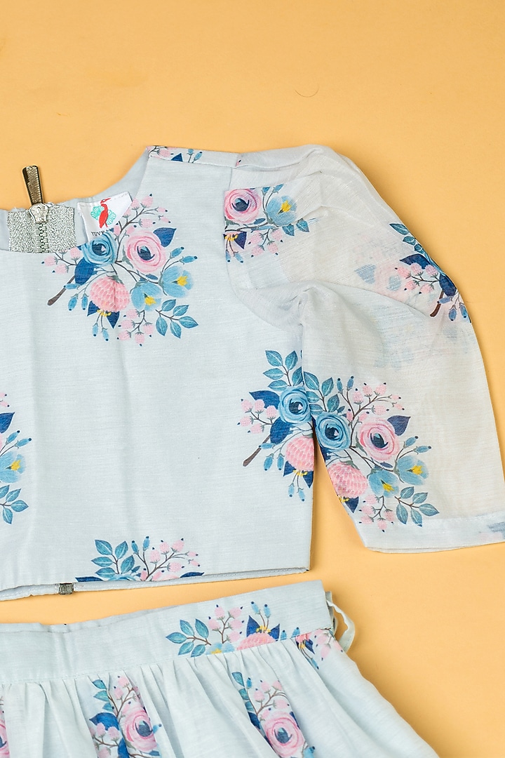 Sky Blue Chanderi Floral Printed Lehenga Set For Girls by Yuvrani Jaipur Kidswear at Pernia's Pop Up Shop
