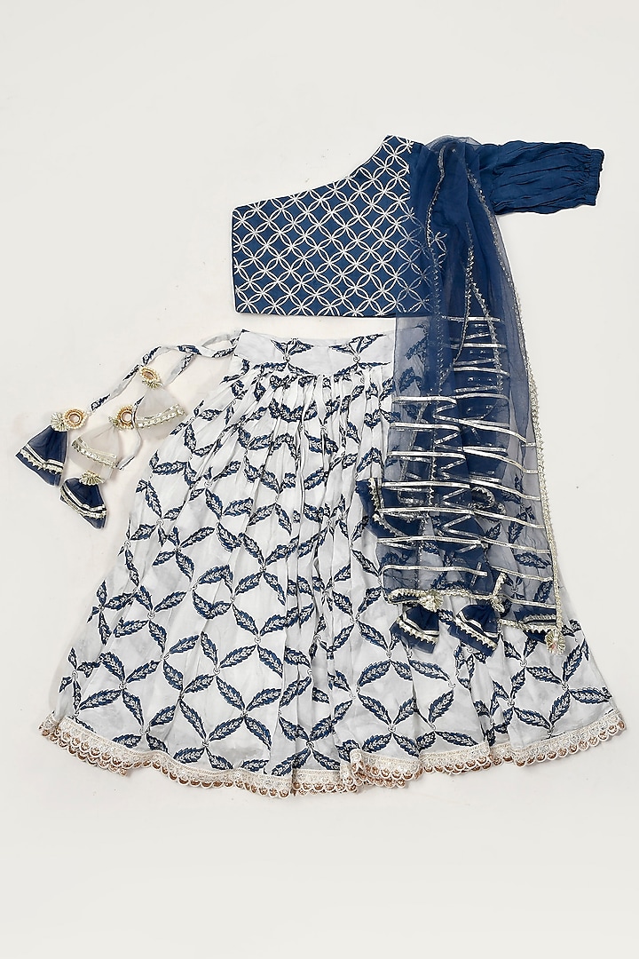 Cobalt Blue Printed Lehenga Set For Girls by Yuvrani Jaipur Kidswear