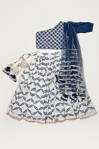 Cobalt Blue Printed Lehenga Set For Girls by Yuvrani Jaipur Kidswear