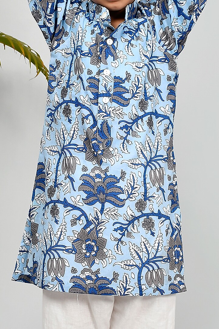 Ivory Cotton Floral Printed Kurta Set For Boys by Yuvrani Jaipur Kidswear at Pernia's Pop Up Shop