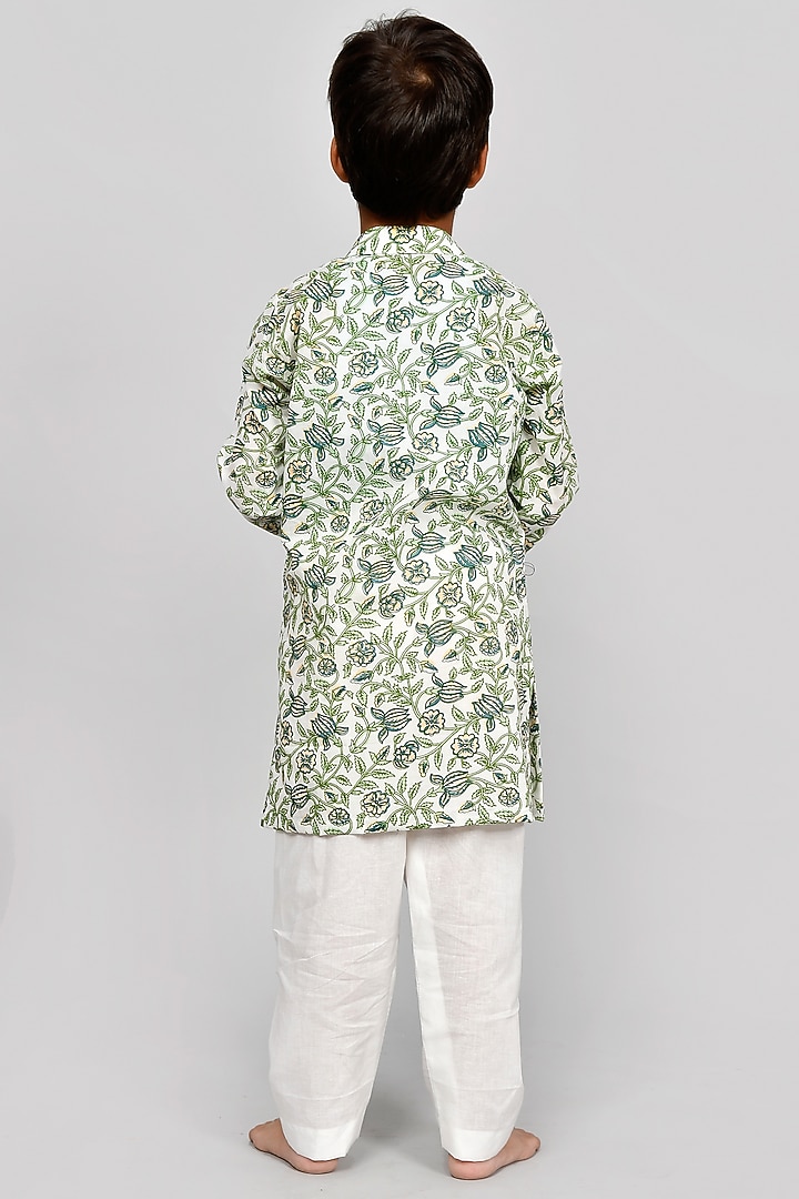 Ivory Cotton Floral Printed Kurta Set For Boys by Yuvrani Jaipur Kidswear at Pernia's Pop Up Shop