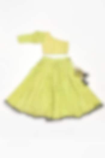 Neon Green Printed Lehenga Set For Girls by Yuvrani Jaipur Kidswear