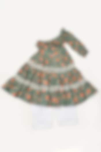 Green One-Shoulder Printed Anarkali Set For Girls by Yuvrani Jaipur Kidswear