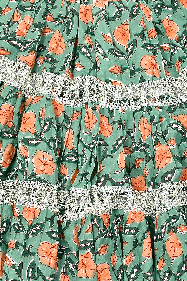 Green One-Shoulder Printed Anarkali Set For Girls by Yuvrani Jaipur Kidswear at Pernia's Pop Up Shop