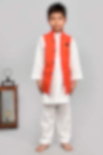Orange Bundi Jacket With Kurta Set For Boys by Yuvrani Jaipur Kidswear